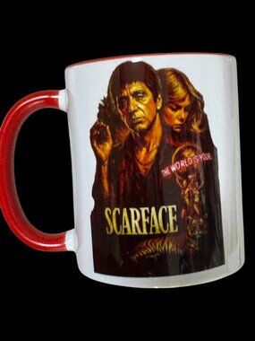 Scarface Movie Themed Ceramic Coffee Mug, White with Red Handle and Interior, 11